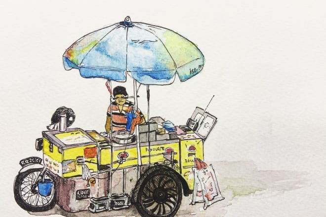 I will illustrate food, objects, and scenes in watercolour and ink