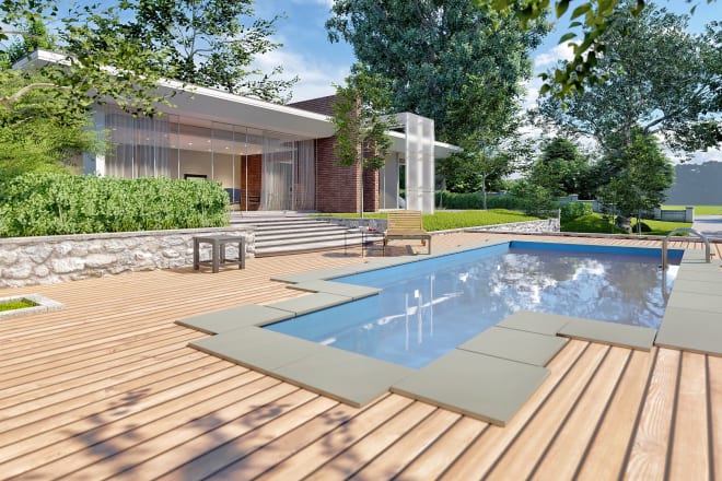 I will landscape,3d design, pool, backyard, garden,3d model, tree