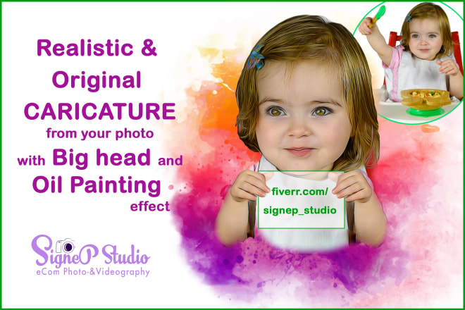 I will make unique oil paint effect portrait caricature w big head