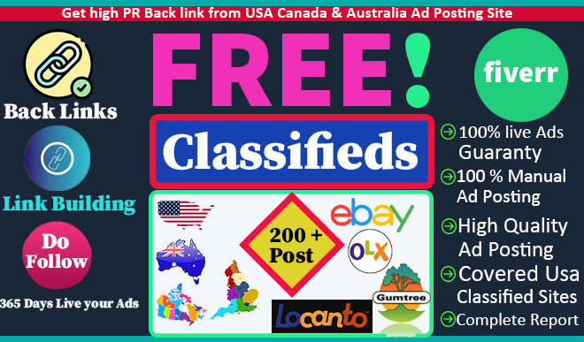 I will post your ads in USA UK top rank classified ads posting free sites