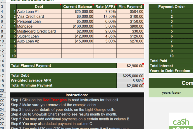 I will send you excel template for debt snowball within 24 hours