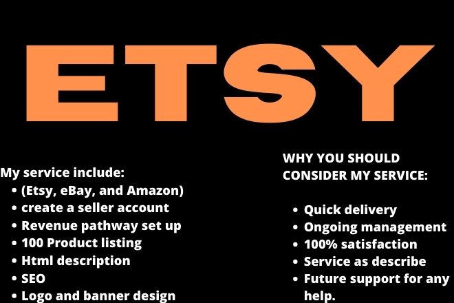I will set up etsy seller account, ebay seller account, do etsy shop promotion