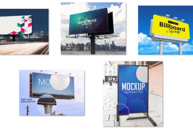 I will put your text or logo or designs or photos into 10 billboards mockup templates